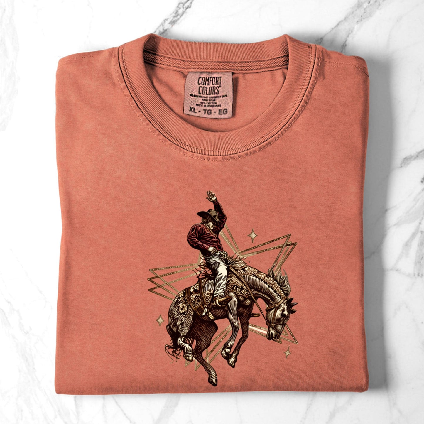 Rodeo Rebel Graphic Tee folded in color terracota