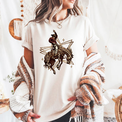Rodeo Rebel Graphic Tee on model in color ivory