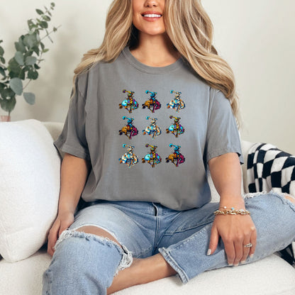Rodeo Spirit Bronc Rider Grid Tee on model in color grey