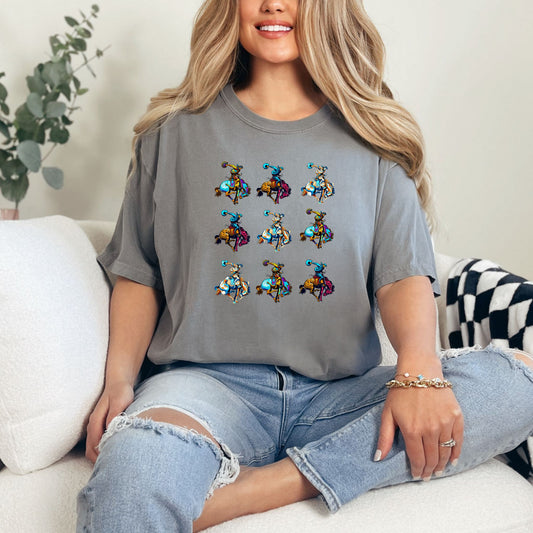 Rodeo Spirit Bronc Rider Grid Tee on model in color grey