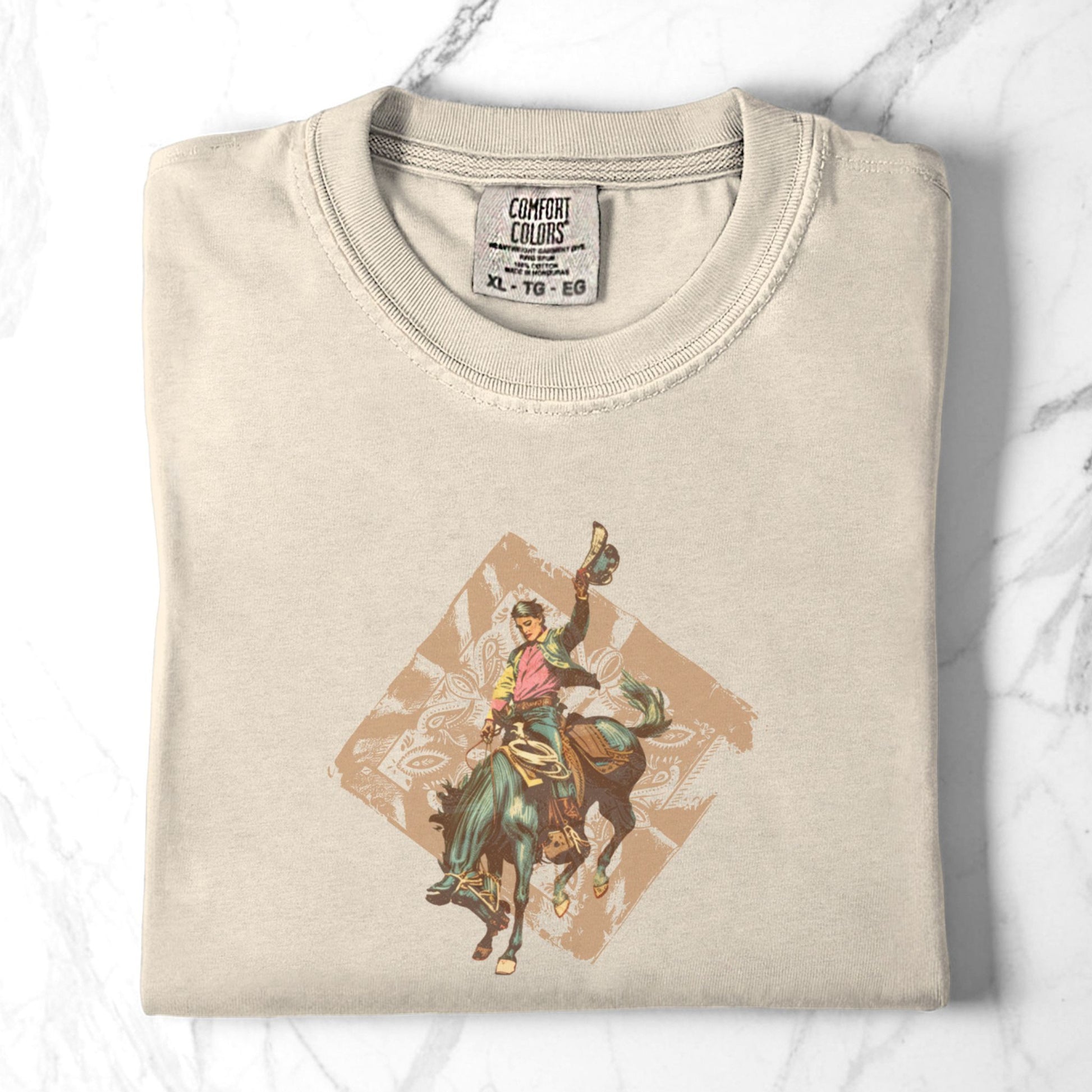 Rodeo spirit vintage bronc tee folded in color ivory