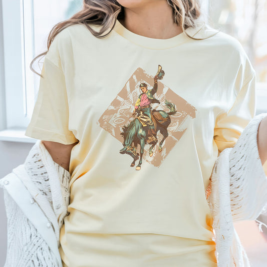 Rodeo spirit vintage bronc tee on model in color butter