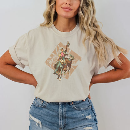 Rodeo spirit vintage bronc tee on model in color ivory