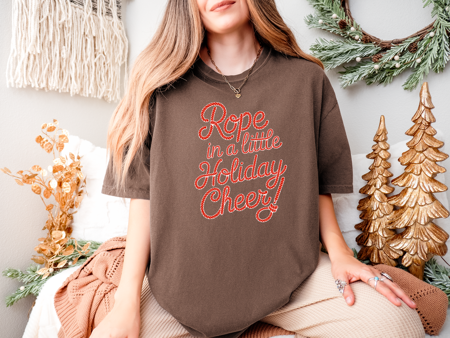 Rope In Cheer Comfort Colors Christmas t-shirt with red rope-style Western holiday lettering