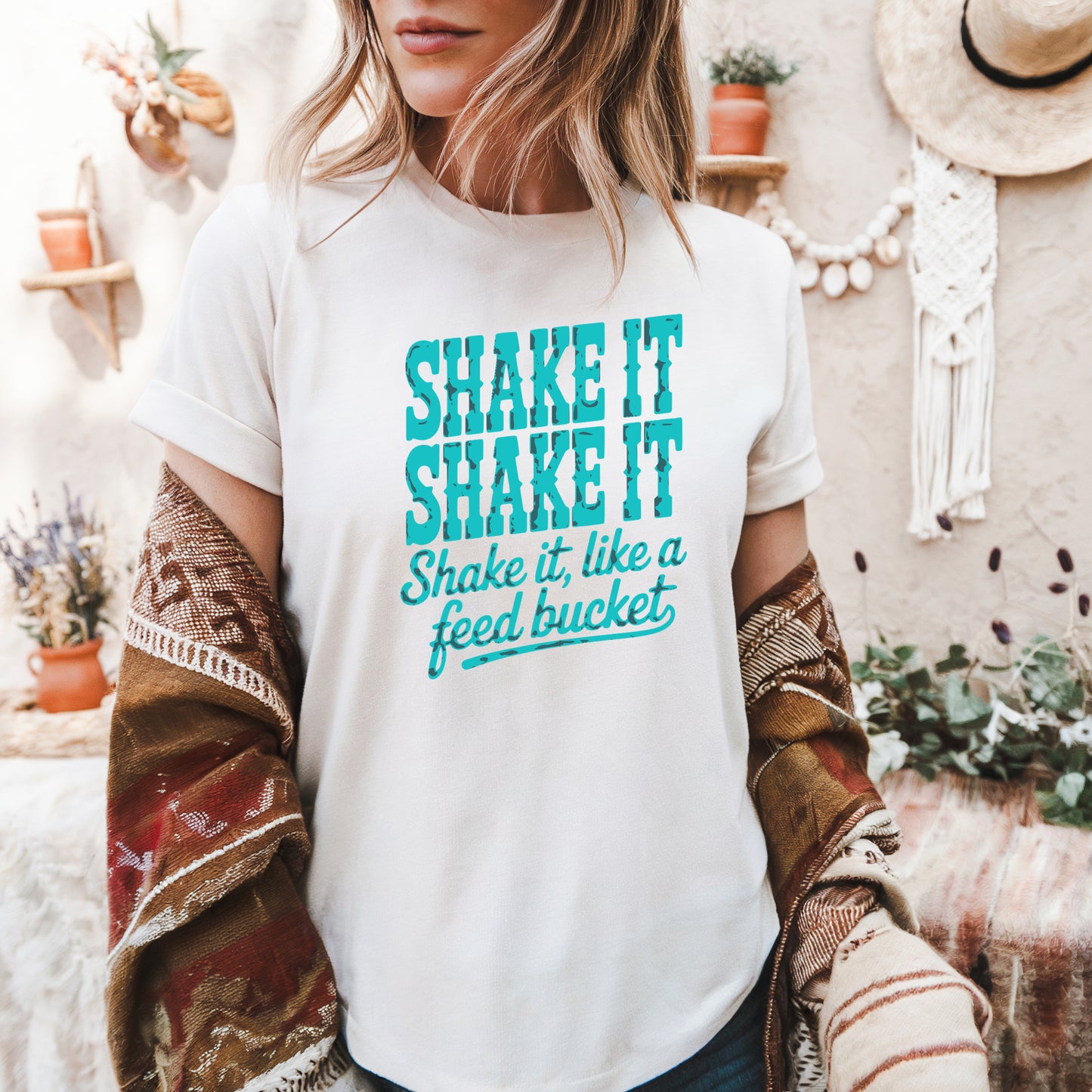 Shake It Like a Feed Bucket Comfort Colors equestrian graphic shirt with teal Western lettering