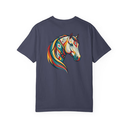 Southwestern Horse Head tee with small front print and large back horse graphic back view laying flat in color denim