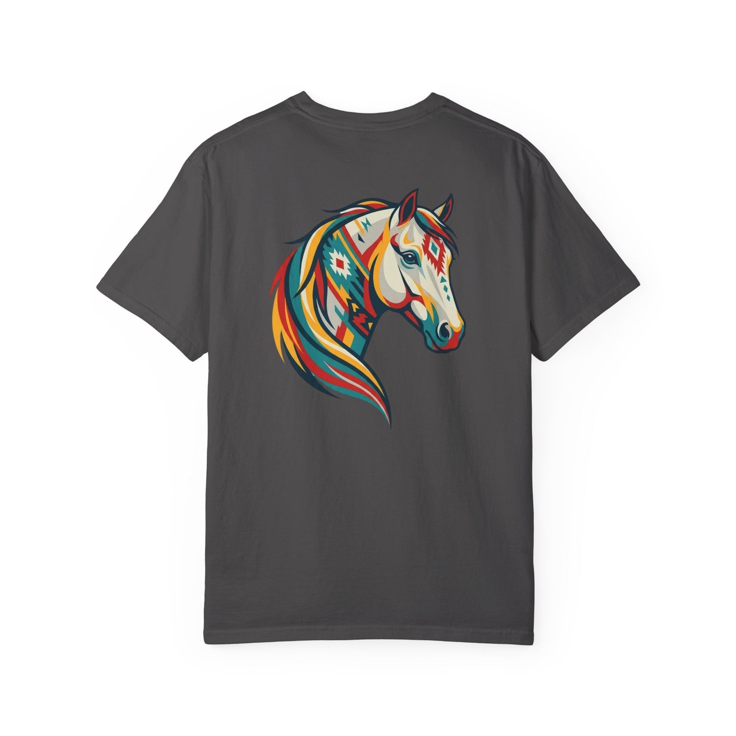 Southwestern Horse Head tee with small front print and large back horse graphic back view laying flat in color graphite