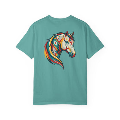 Southwestern Horse Head tee with small front print and large back horse graphic back view laying flat in color seafoam