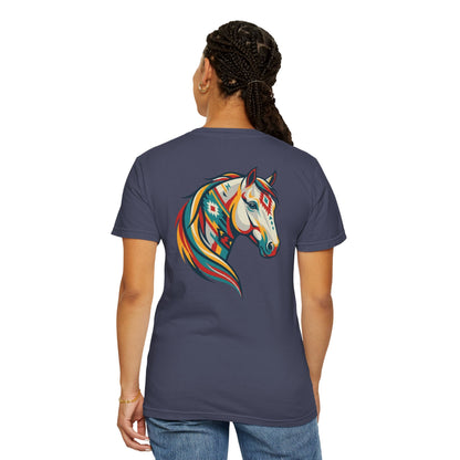 Southwestern Horse Head tee with small front print and large back horse graphic back view on model in color denim