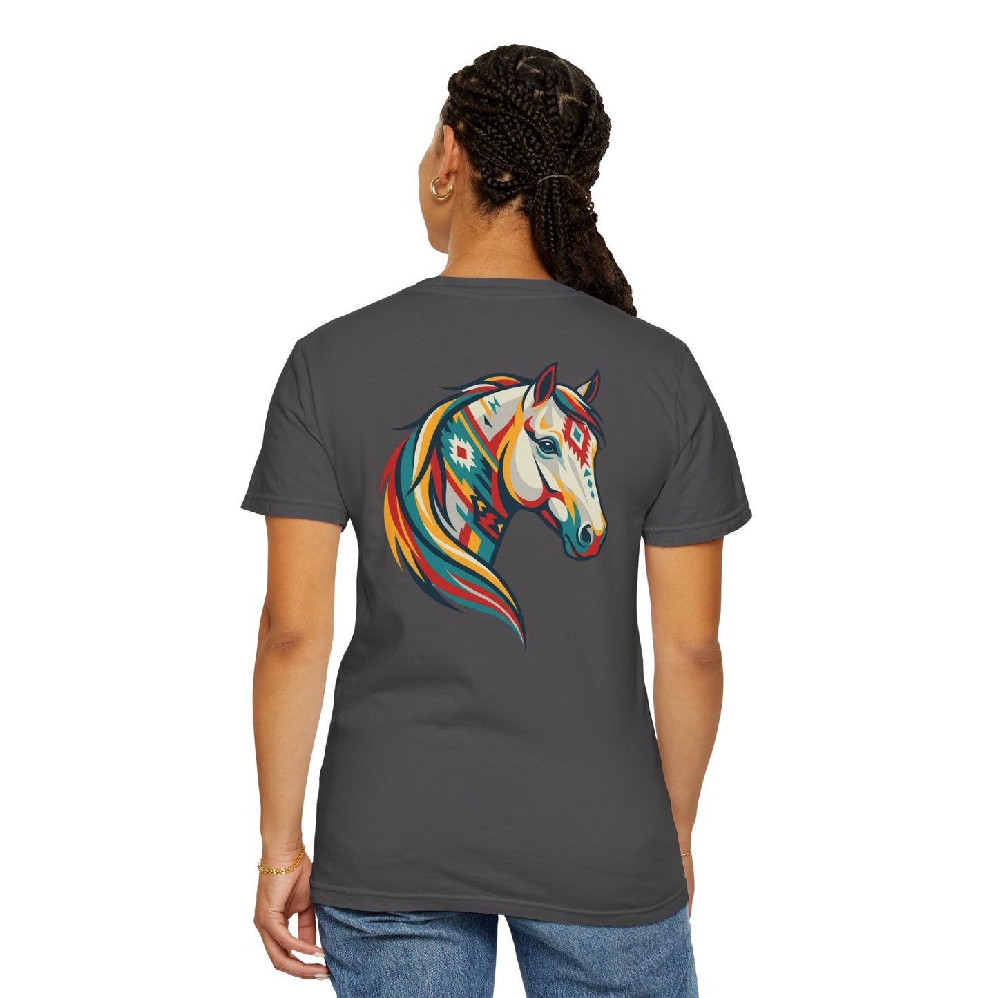 Southwestern Horse Head tee with small front print and large back horse graphic back view on model in color graphite