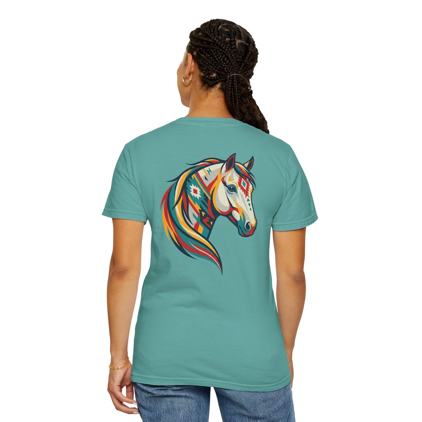 Southwestern Horse Head tee with small front print and large back horse graphic back view on model in color seafoam