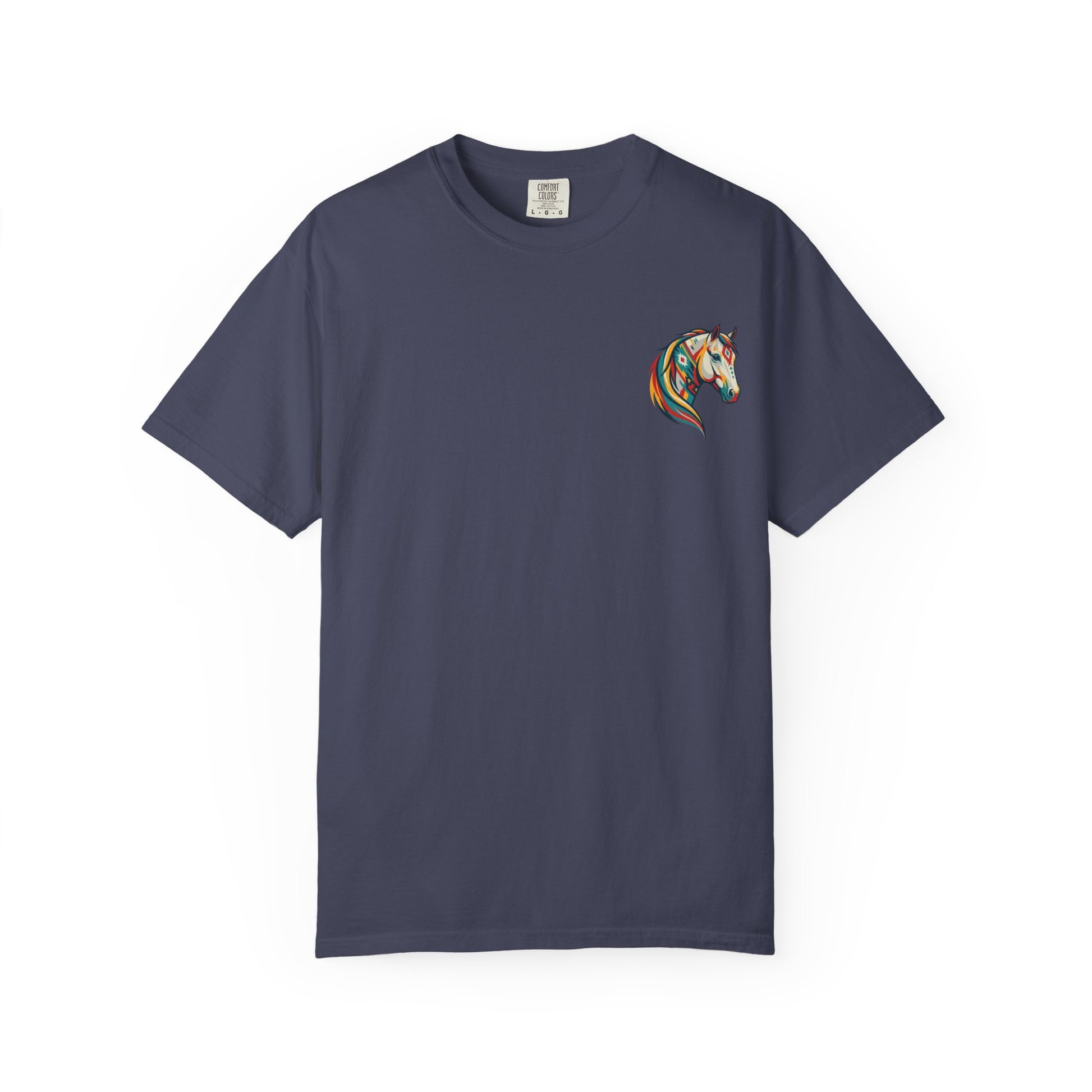 Southwestern Horse Head tee with small front print and large back horse graphic front view laying flat in color denim