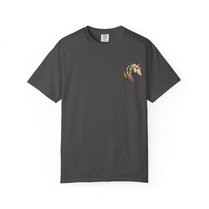 Southwestern Horse Head tee with small front print and large back horse graphic front view laying flat in color graphite