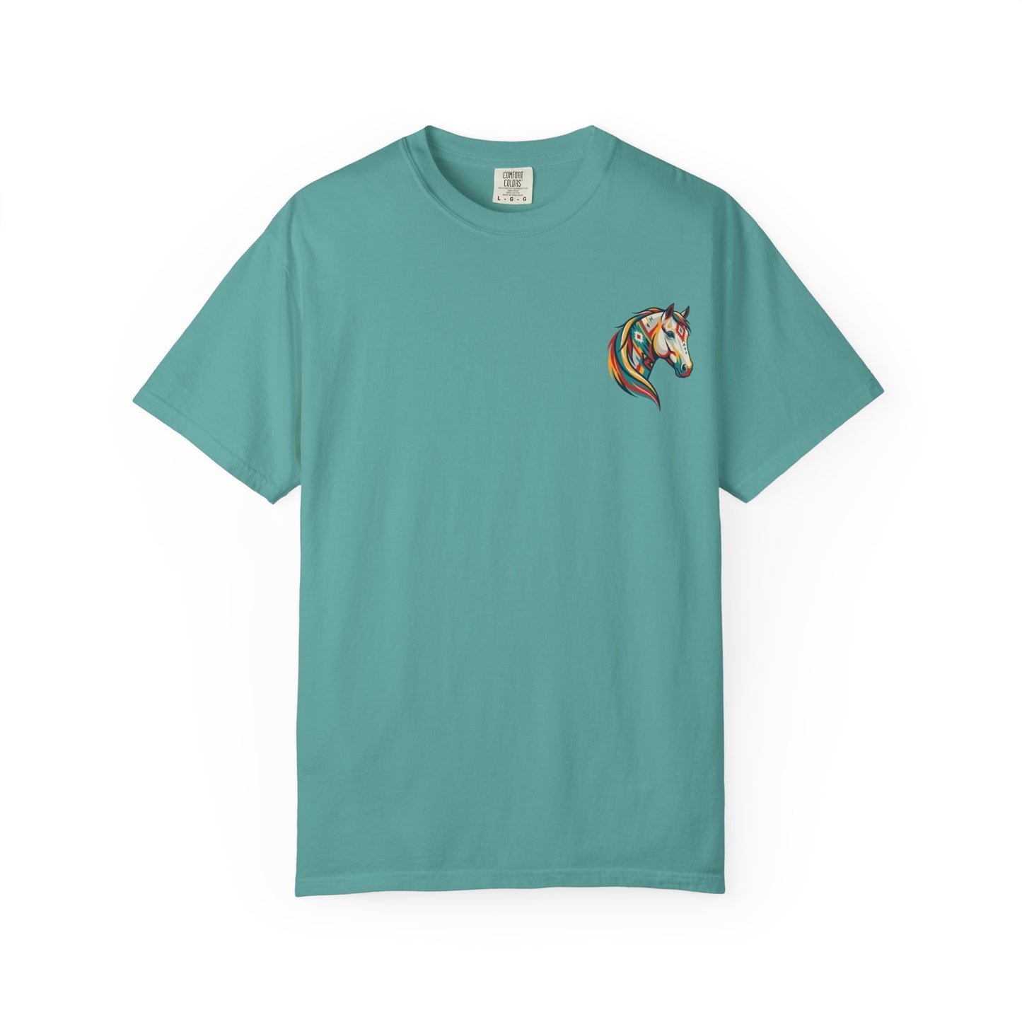Southwestern Horse Head tee with small front print and large back horse graphic front view laying flat in color seafoam