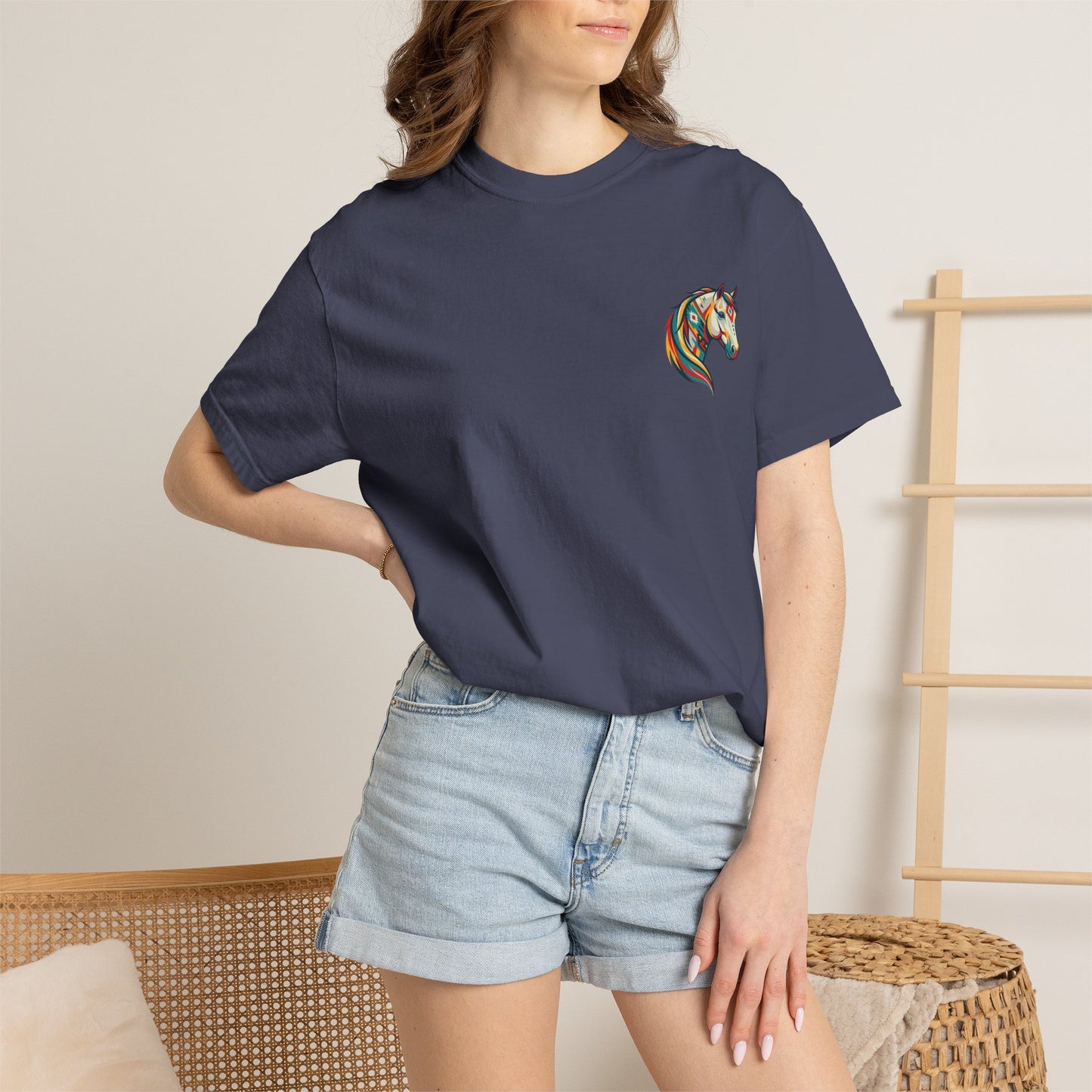 Southwestern Horse Head tee with small front print and large back horse graphic front view on model in color denim
