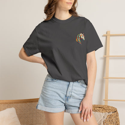 Southwestern Horse Head tee with small front print and large back horse graphic front view on model in color graphite