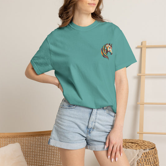 Southwestern Horse Head tee with small front print and large back horse graphic front view on model in color seafoam