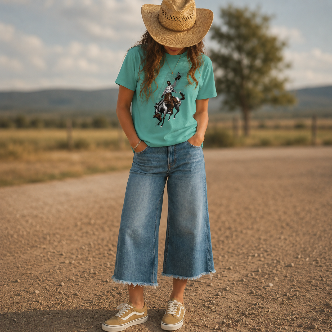 Person wearing a bronc and brand co t-shirt with a cowboy bucking graphic design, wide-leg jeans, and a straw hat standing on a dirt road with a scenic background.