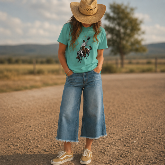 Person wearing a bronc and brand co t-shirt with a cowboy bucking graphic design, wide-leg jeans, and a straw hat standing on a dirt road with a scenic background.