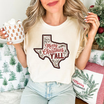 Texas Y’all Comfort Colors Christmas t-shirt with Texas state outline and Merry Christmas Y’all red lettering
