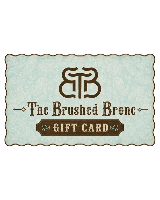 the brushed bronc gift card with logo, name and gift card text on muted green paisley background