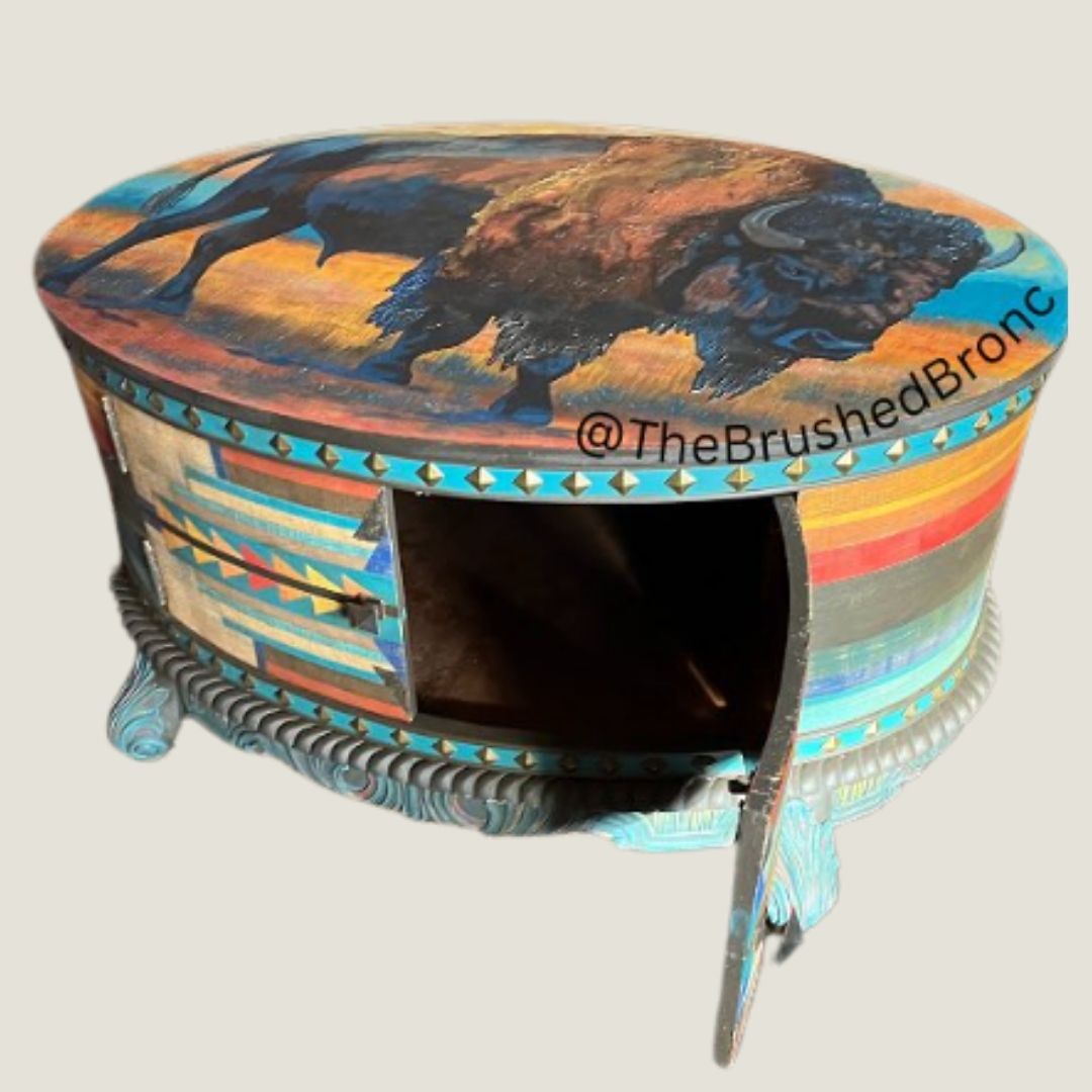 The Brushed Bronc image showing a western refinished table with buffalo image top