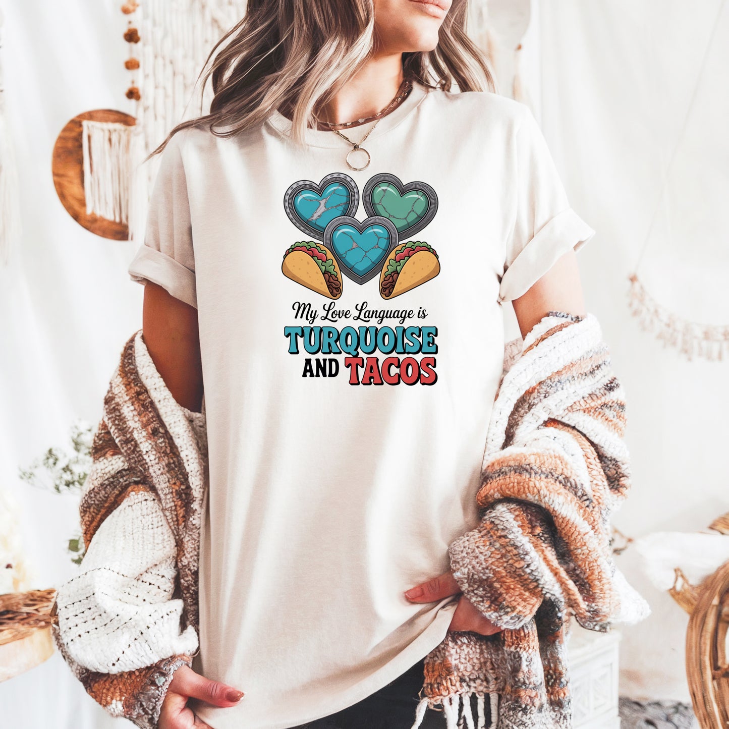 Turquoise and Tacos Comfort Colors graphic t-shirt with Southwest turquoise heart and taco design
