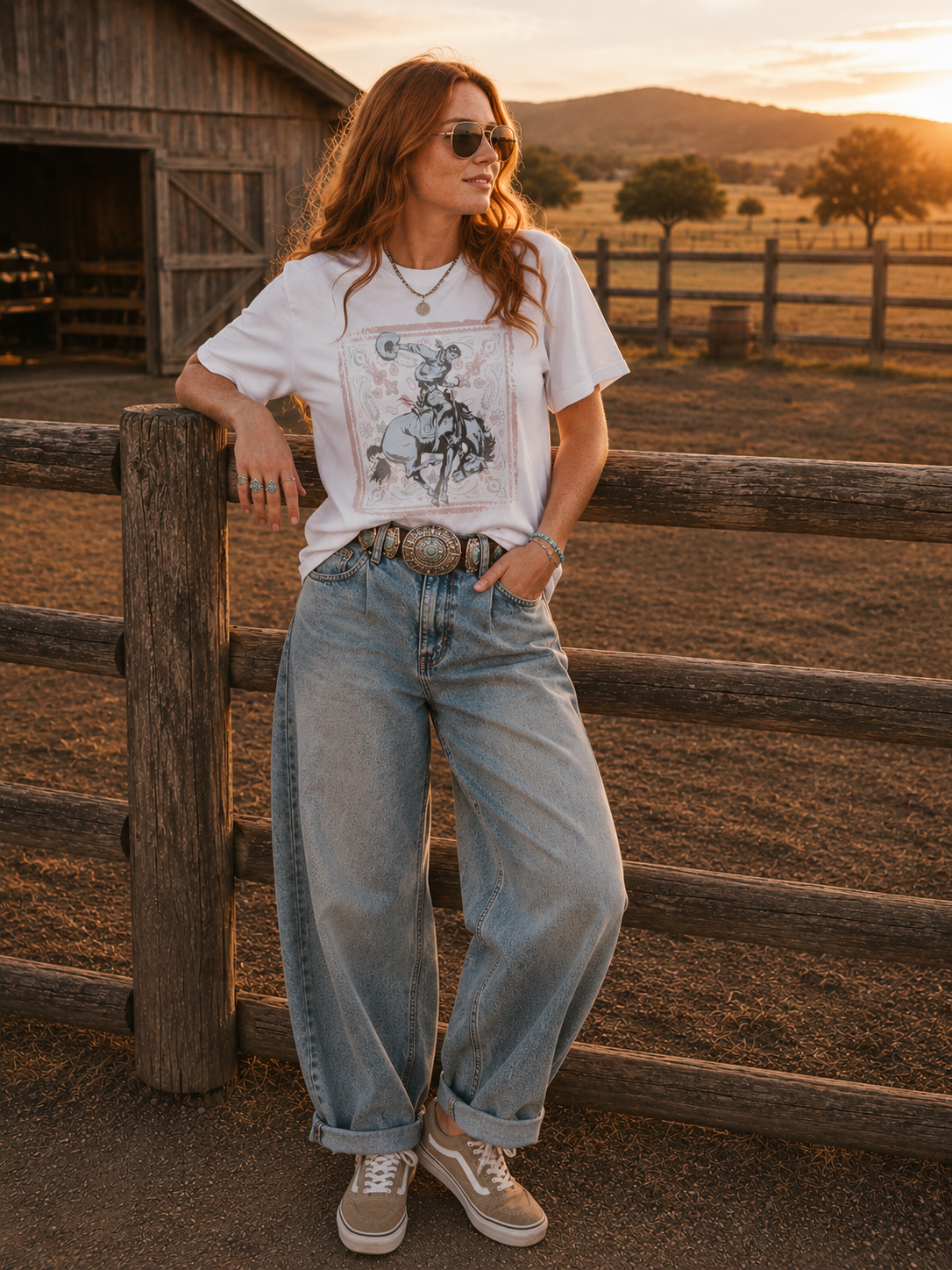Vintage Bandana Bronc tee with distressed bronc rider and bandana graphic being worn by female standing at wooden fence with barn in the background
