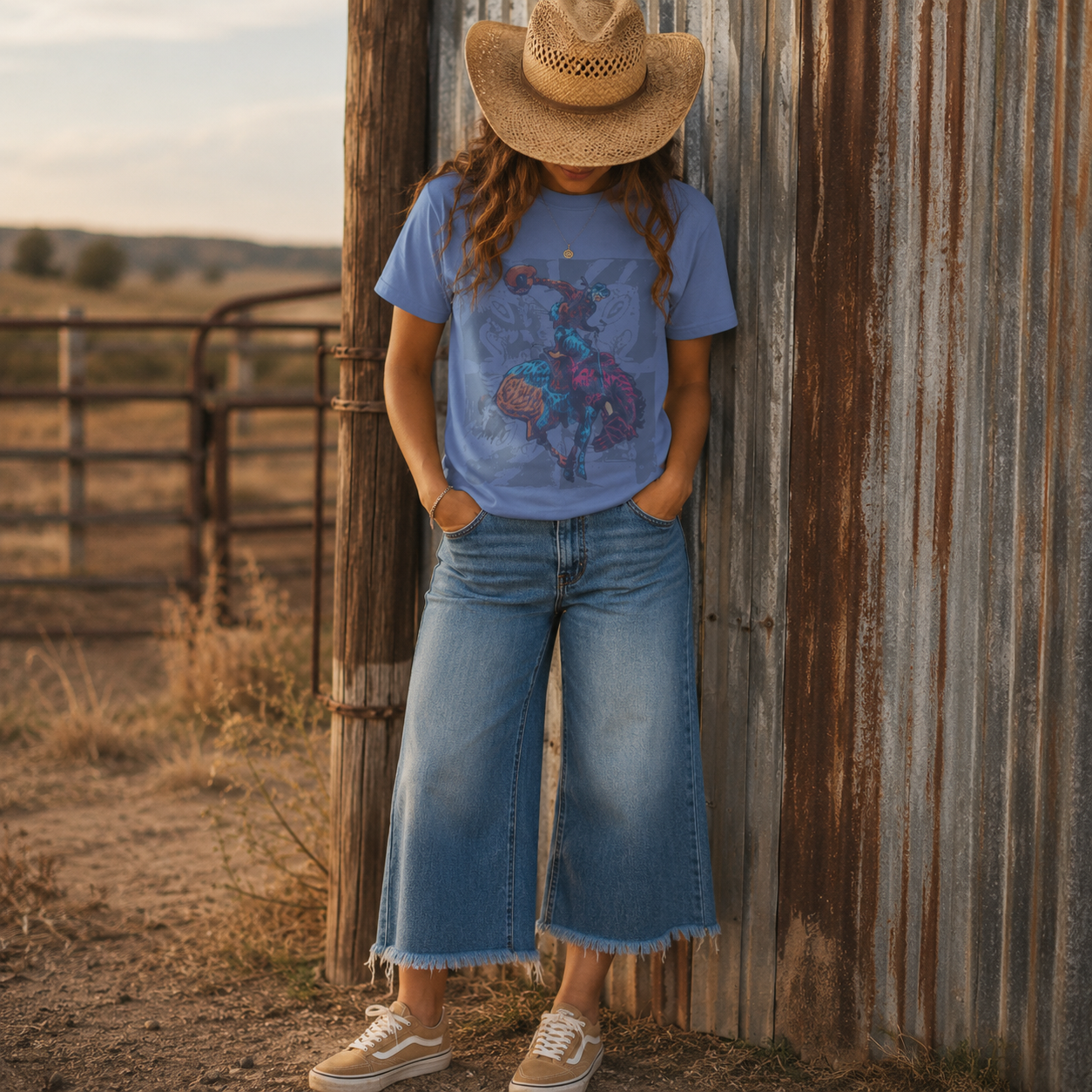 Person wearing a bronc and brand co blue t-shirt with a bronc graphic design and jeans, standing against a rustic metal wall outdoors.