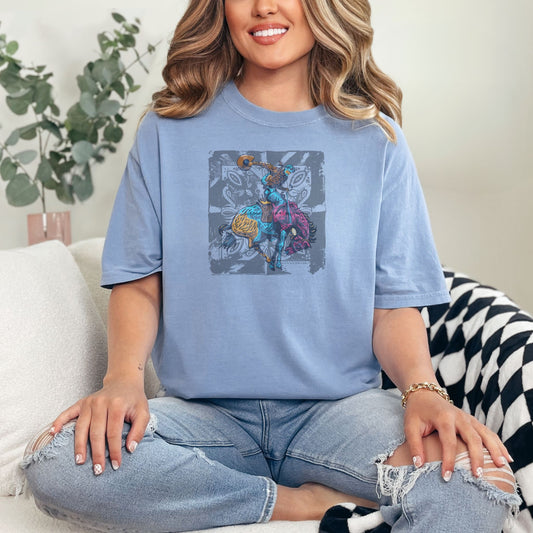 Vintage Bronc Spirit Tee on model in color demin