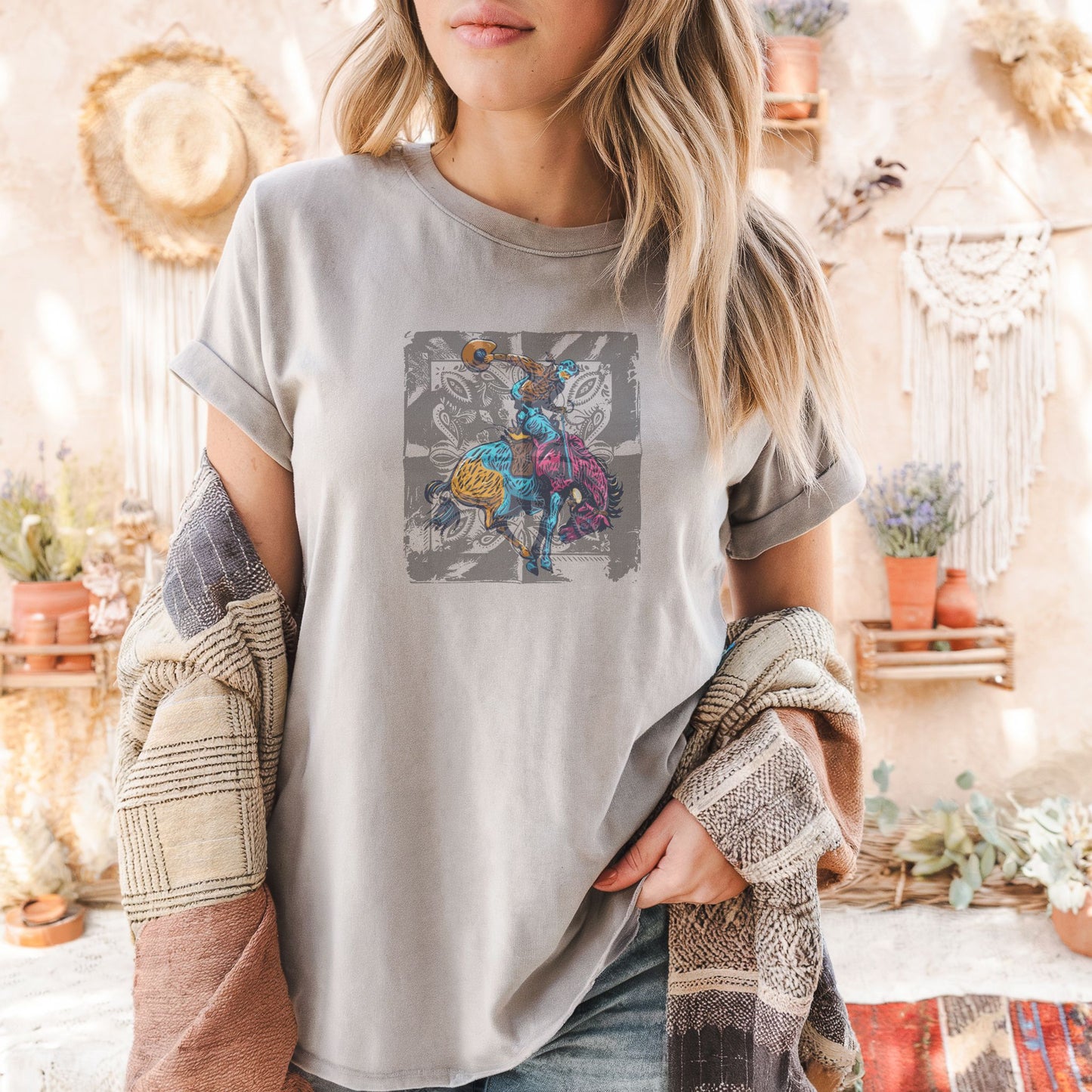 Vintage Bronc Spirit Tee on model in color pepper