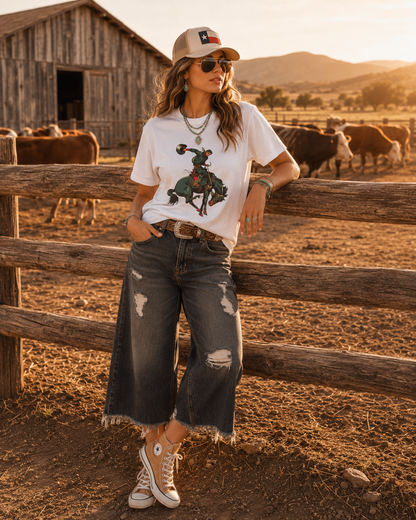 Person wearing a graphic t-shirt and cap in a rural setting with cows and a barn.