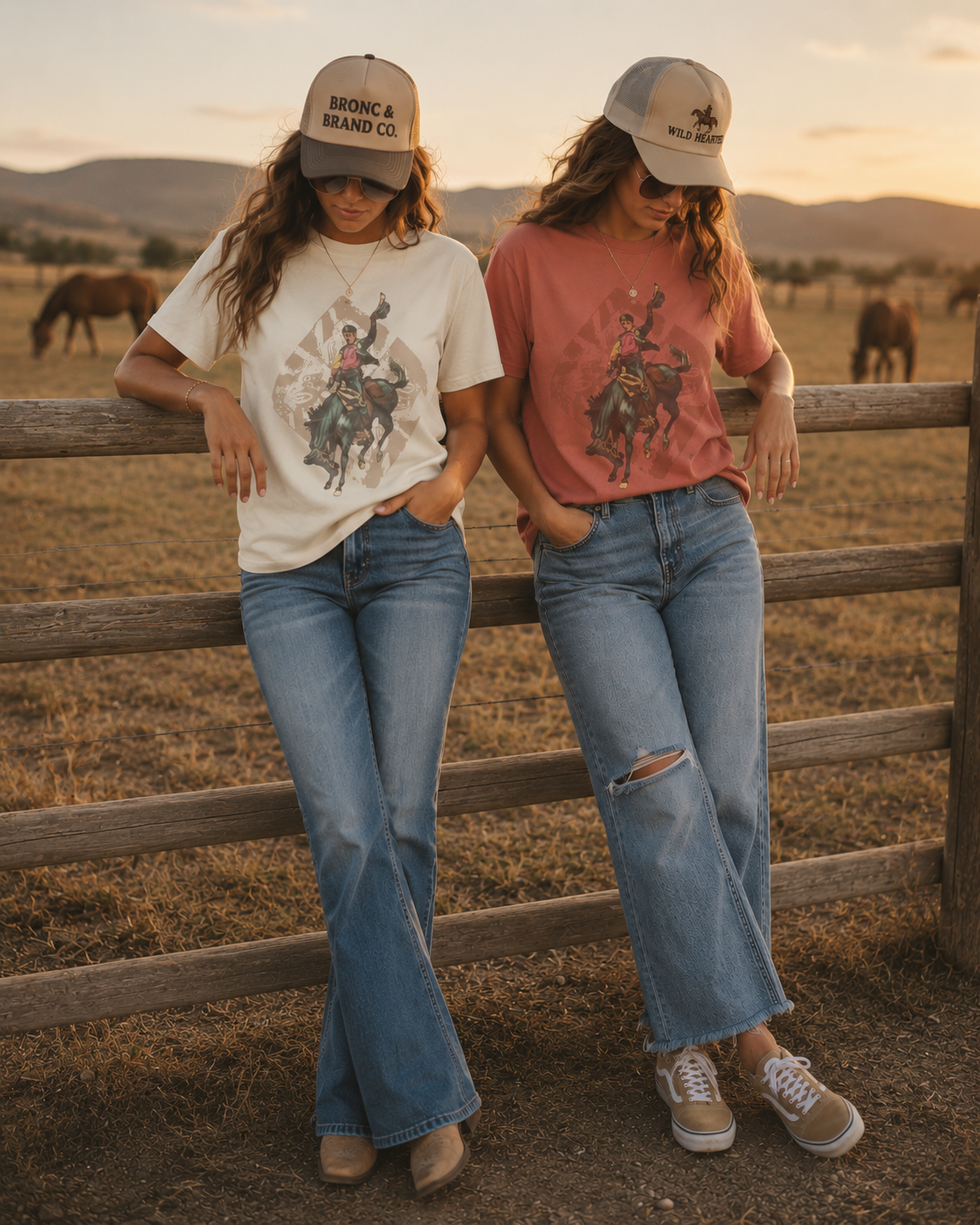 Vintage Rodeo Spirit tee with distressed bronc rider western graphic on models leaning on fence with horses in the background