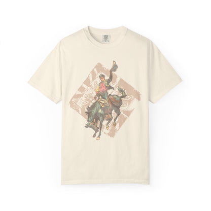 Vintage Rodeo Spirit tee with distressed bronc rider western graphic on white background in ivory