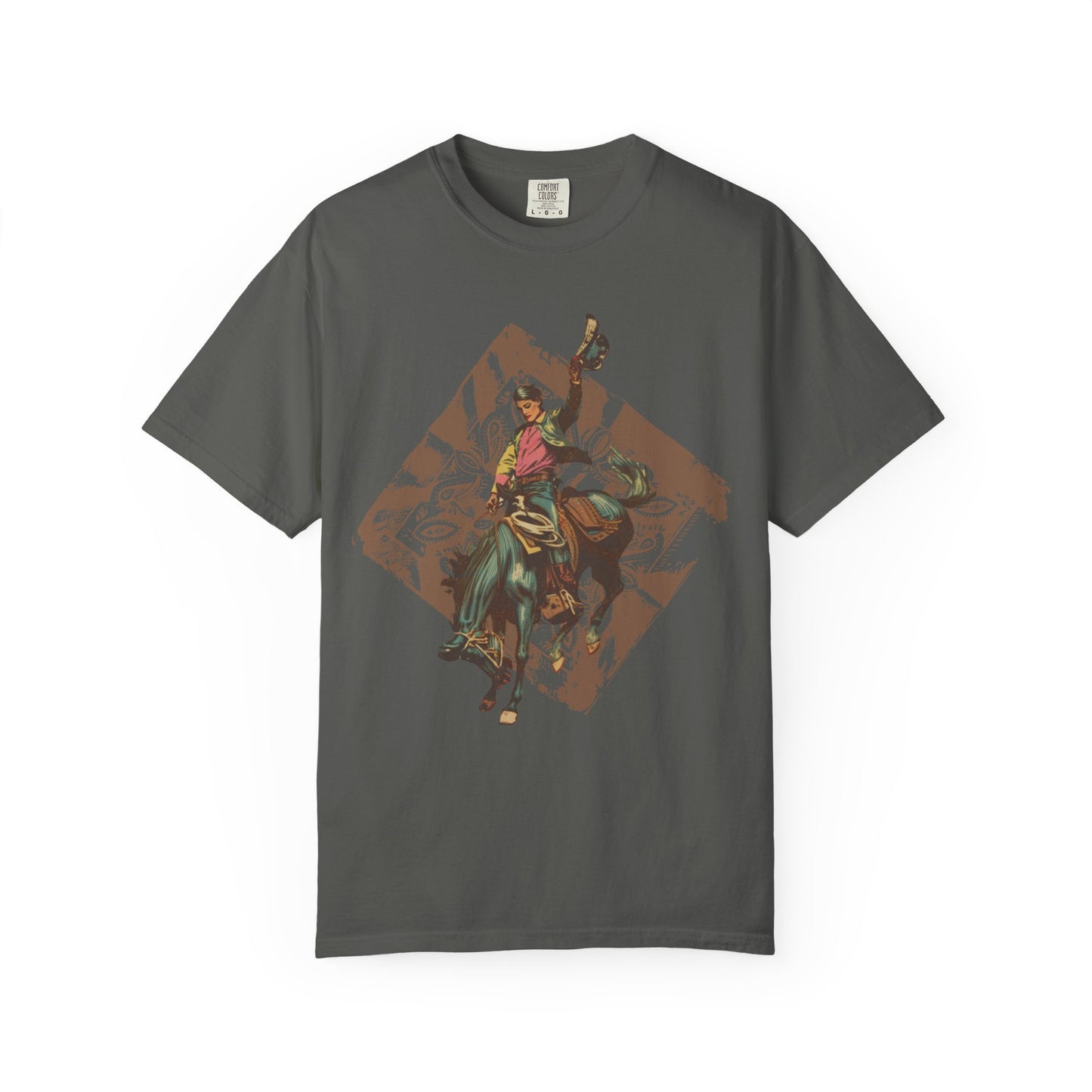 Vintage Rodeo Spirit tee with distressed bronc rider western graphic on white background in pepper