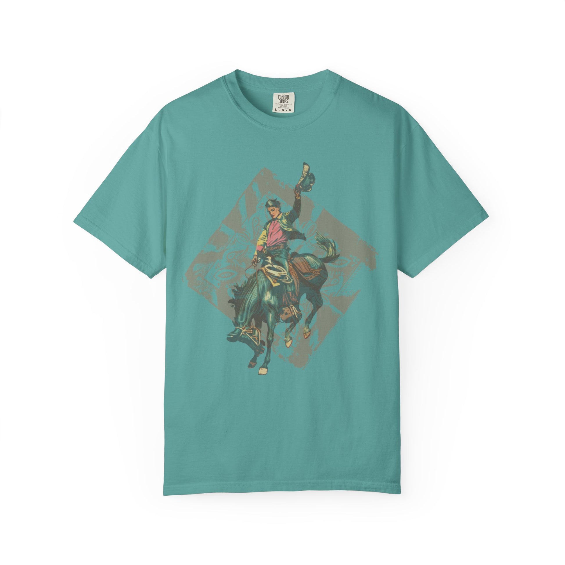 Vintage Rodeo Spirit tee with distressed bronc rider western graphic on white background in seafoam