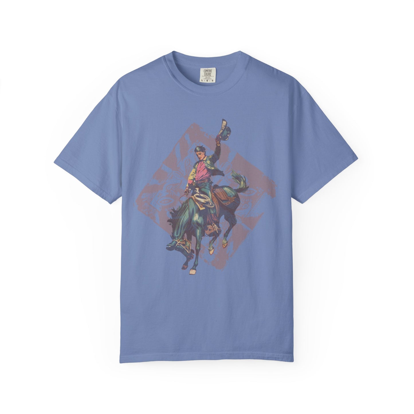 Vintage Rodeo Spirit tee with distressed bronc rider western graphic on white background in washed denim