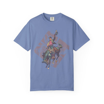 Vintage Rodeo Spirit tee with distressed bronc rider western graphic on white background in washed denim