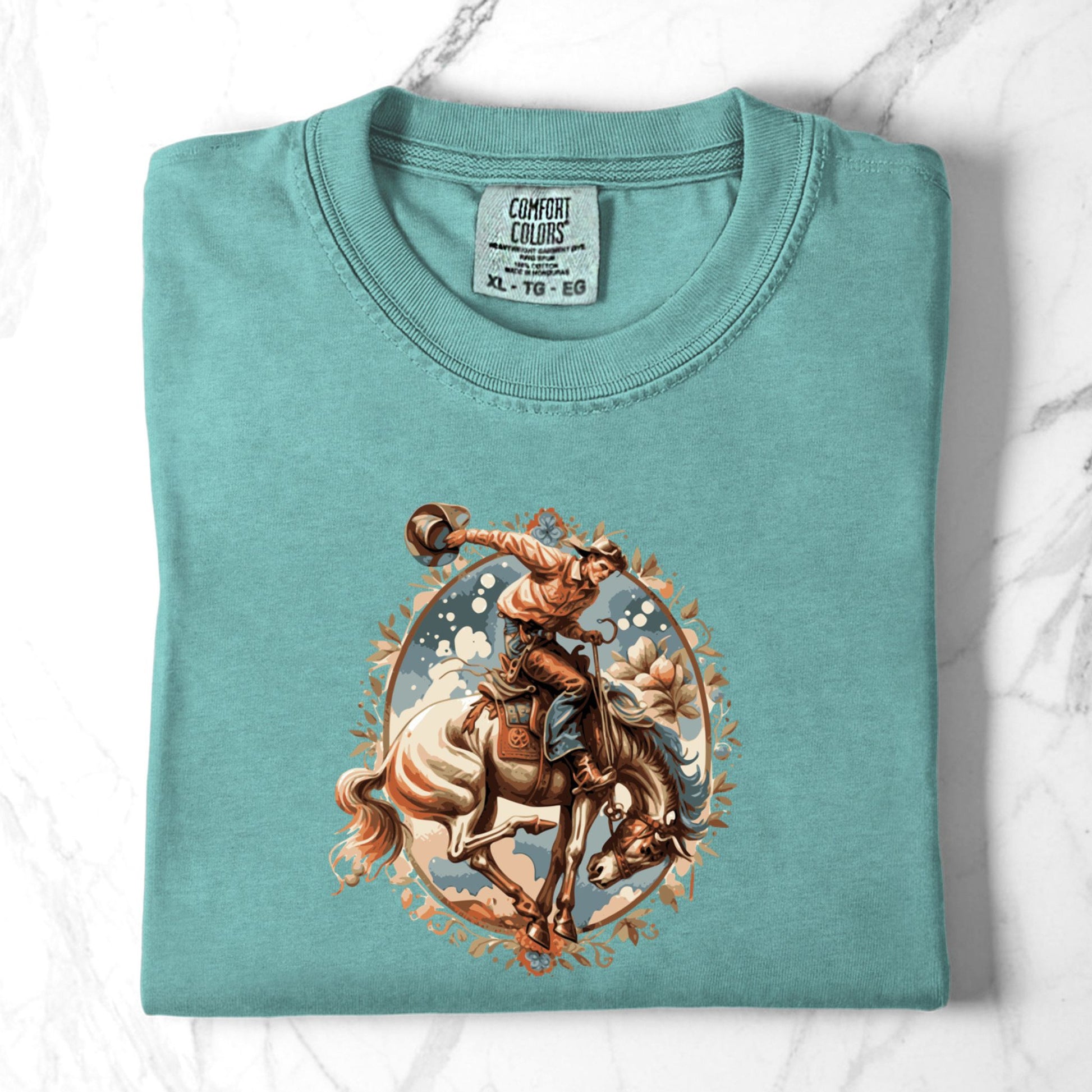 Vintage floral cowgirl tee folded in color chalky mint