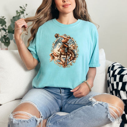 Vintage floral cowgirl tee on model in color chalky mint