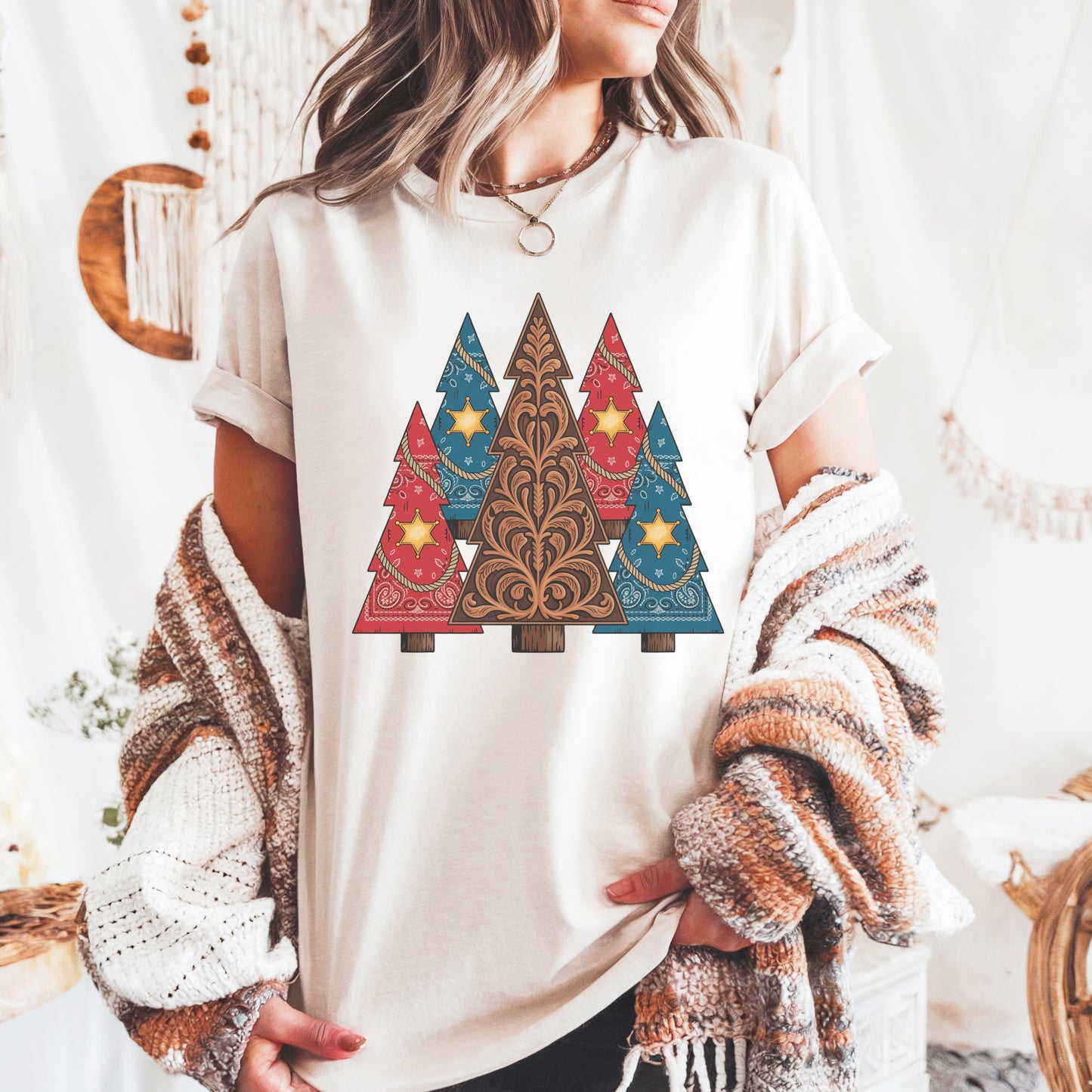 Western Christmas Tree Comfort Colors t-shirt with sheriff star badges and bandana pattern details