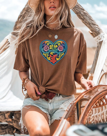 Western folk art heart Comfort Colors graphic t-shirt with colourful floral and scroll design