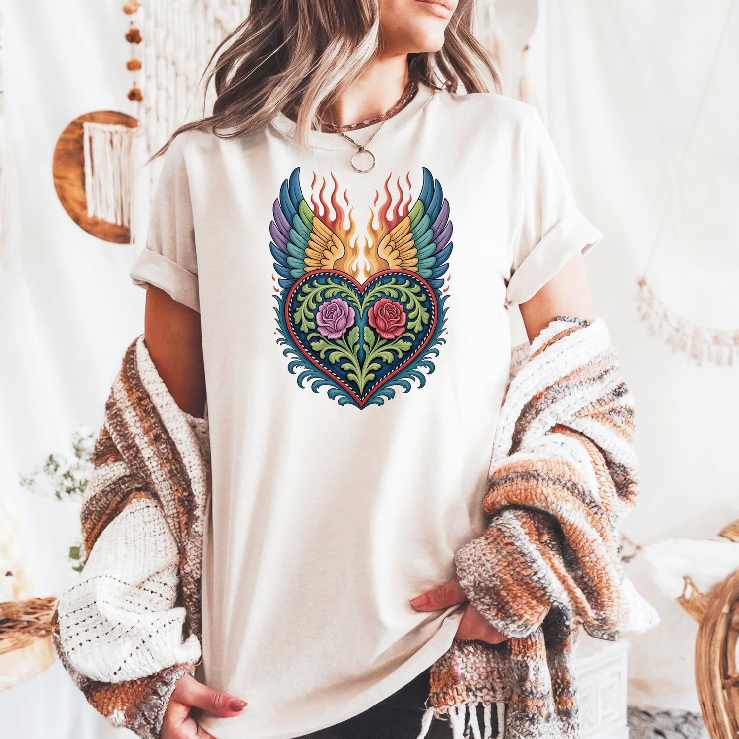 Western folk art winged heart Comfort Colors graphic t-shirt with rose design