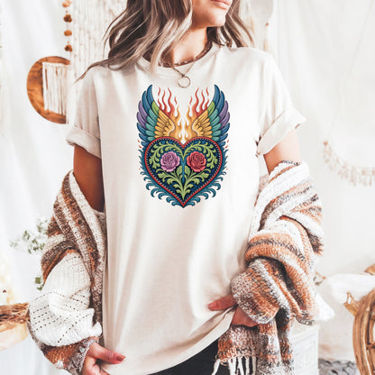 Western folk art winged heart Comfort Colors graphic t-shirt with rose design