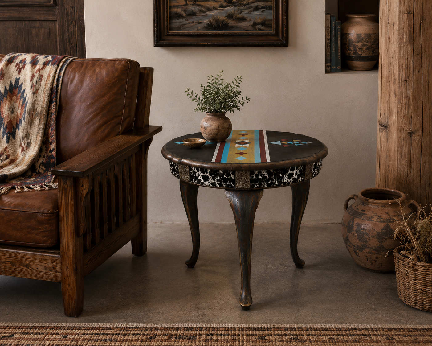 Rustic living room with leather chair, decorative table, and wall art.