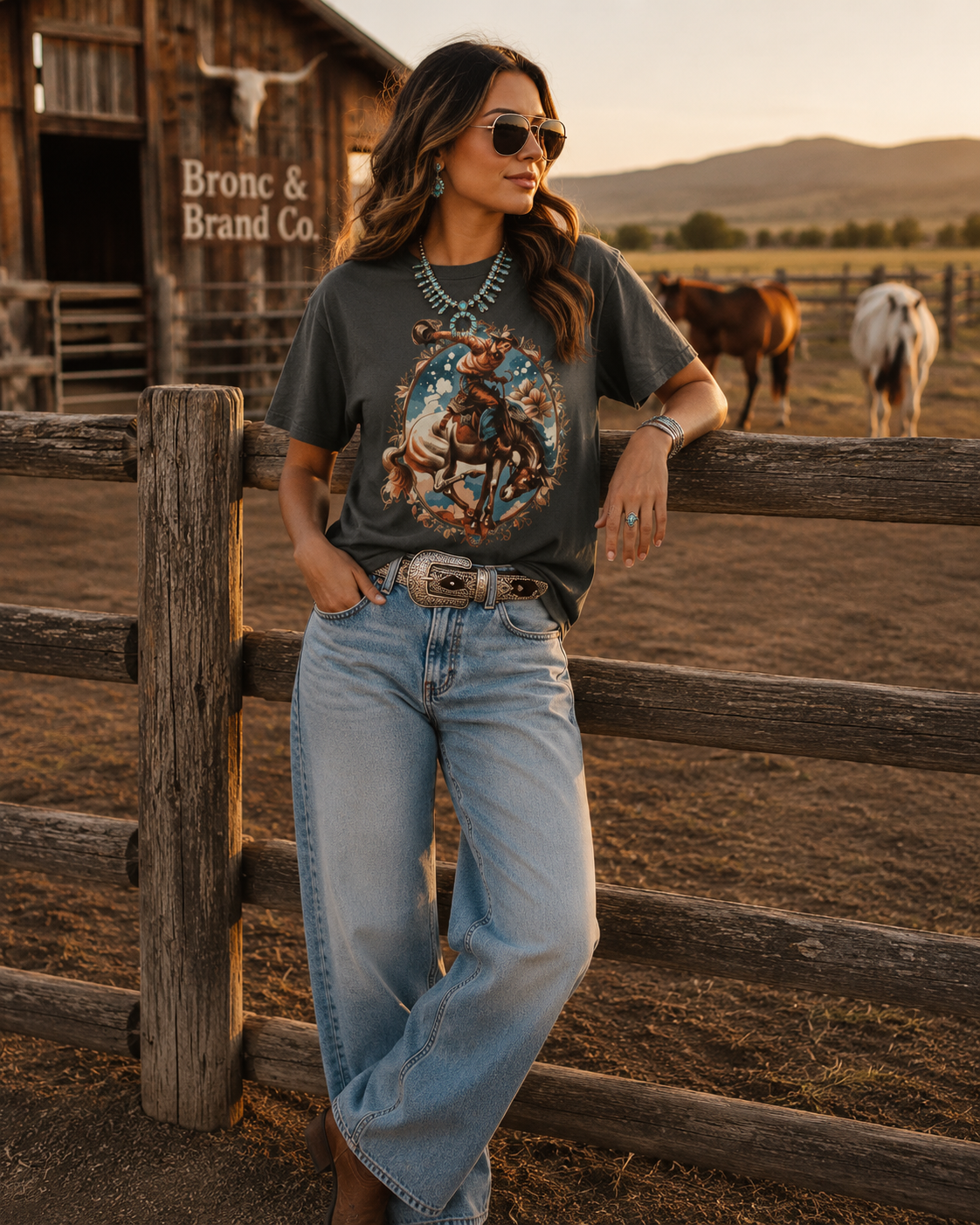 Woman wearing a bronc and brand co graphic t-shirt and jeans standing in front of a wooden fence with horses in the background.