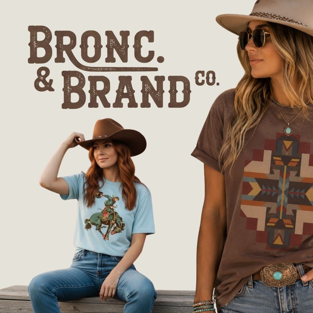 Two women modeling western-style graphic t-shirts from Bronc & Brand Co. against a light beige background with the brand logo.