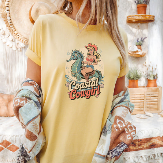 Beach Seahorse Cowgirl T-Shirt – Coastal Vibes with a Retro Twist