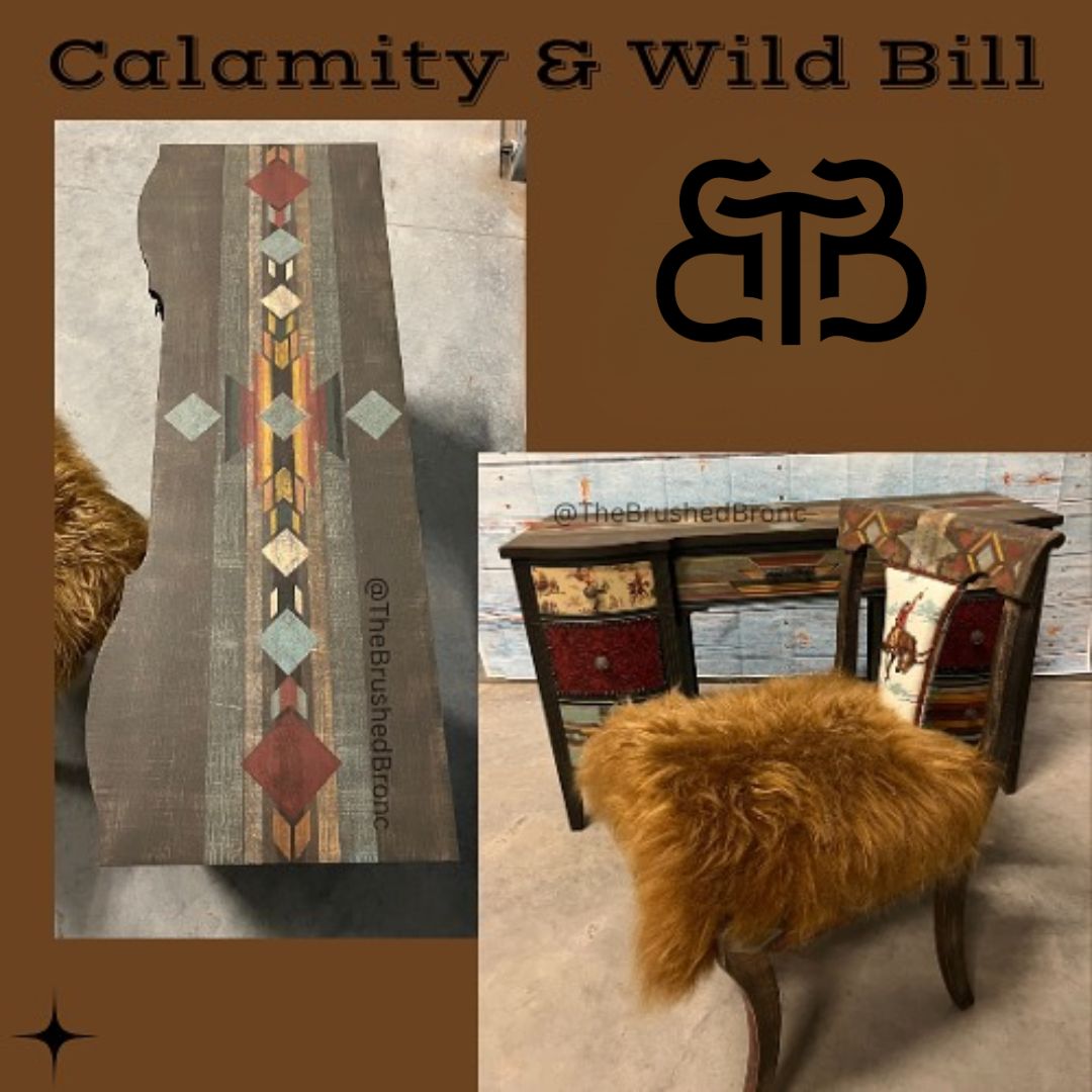 calamity and wild bill hand painted table and upholstered chair by the brushed bronc