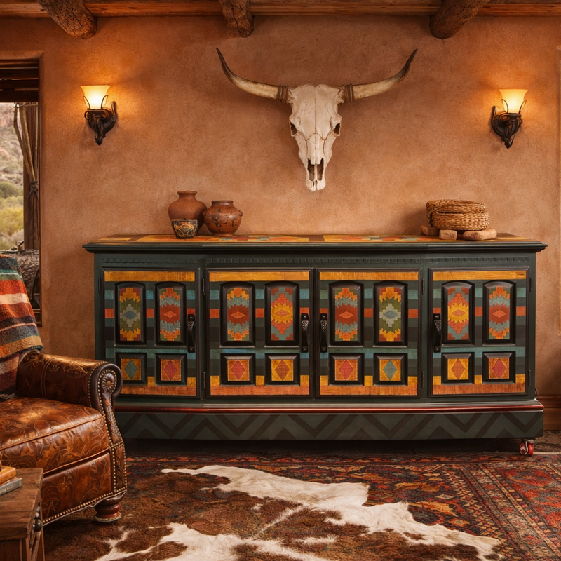 Decorative interior with a custom painted western buffet, leather chairs, and a skull mounted on the wall.